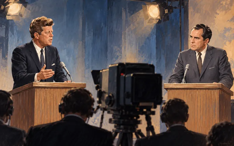 Artistic illustration of John F. Kennedy and Richard Nixon at their 1960 televised debate
