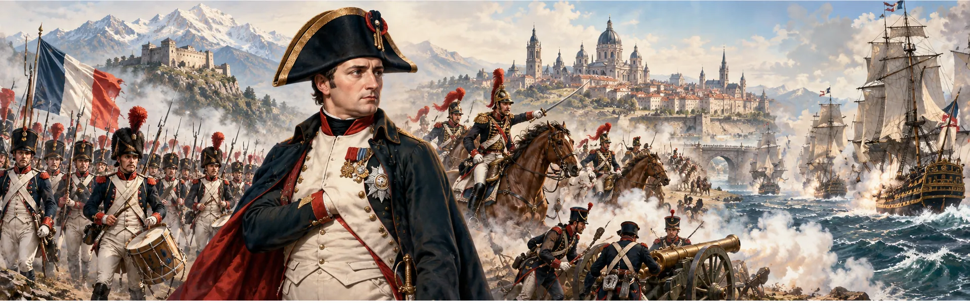 Artistic illustration of the Napoleonic Wars featuring Napoleon, a land battle and naval warfare.