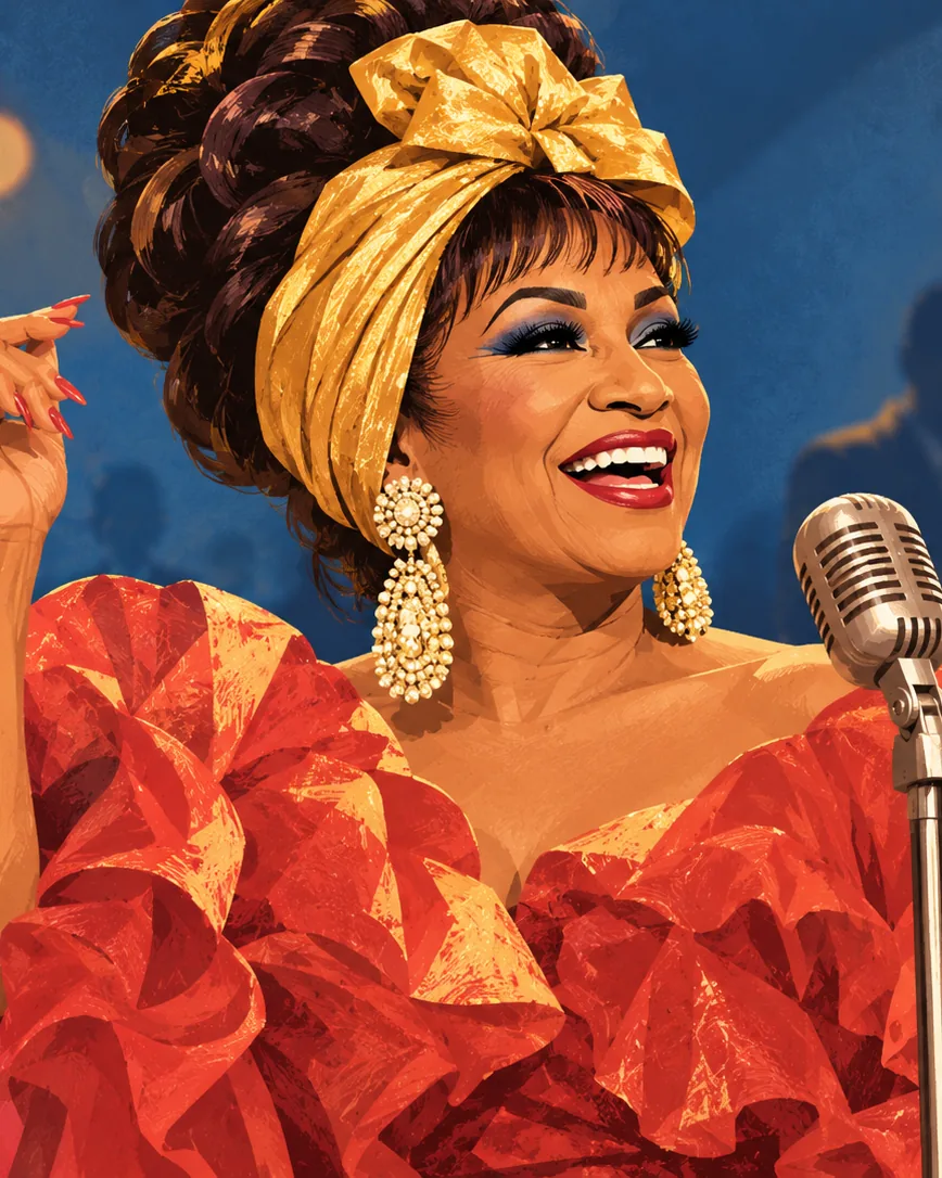 AI-generated illustration of Celia Cruz singing on stage