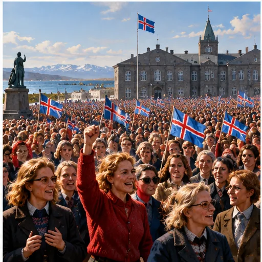 Illustration einer großen Frauendemonstration in Reykjavík 1975