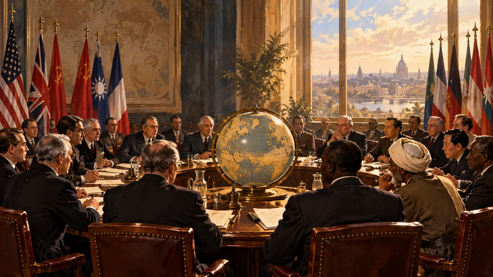Ilustración simbólica de delegados internacionales reunidos en 1945 alrededor de un globo
