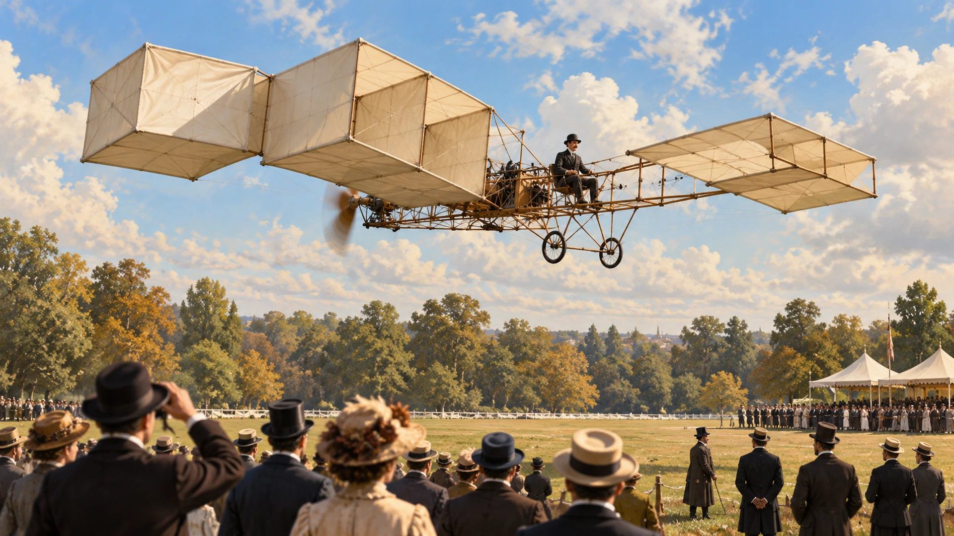 Santos-Dumont fliegt mit der 14-bis bei Paris