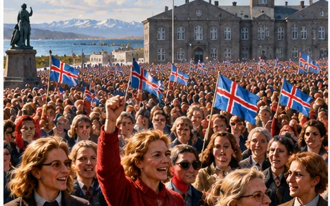 Illustration d’un rassemblement de femmes à Reykjavik en 1975