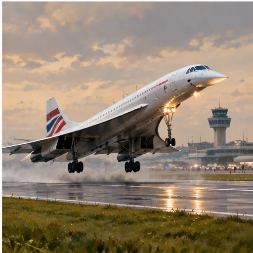 Illustration eines Concorde-Überschallflugzeugs nahe einer Landebahn