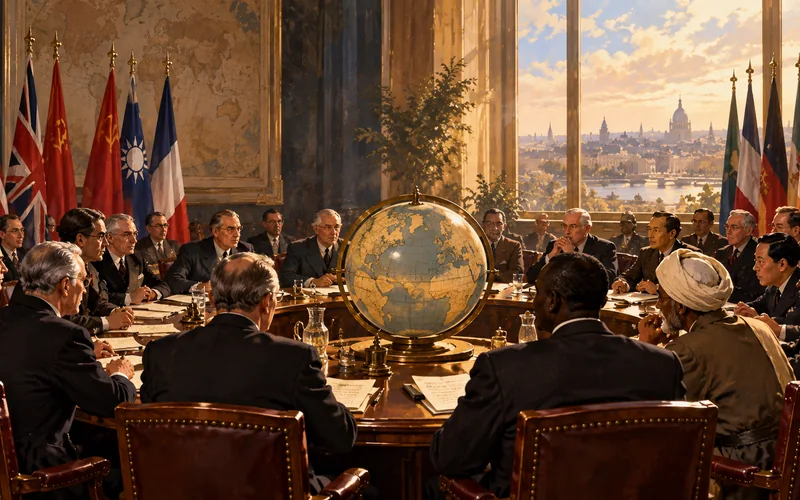 Illustration symbolique de délégués internationaux réunis en 1945 autour d’un globe