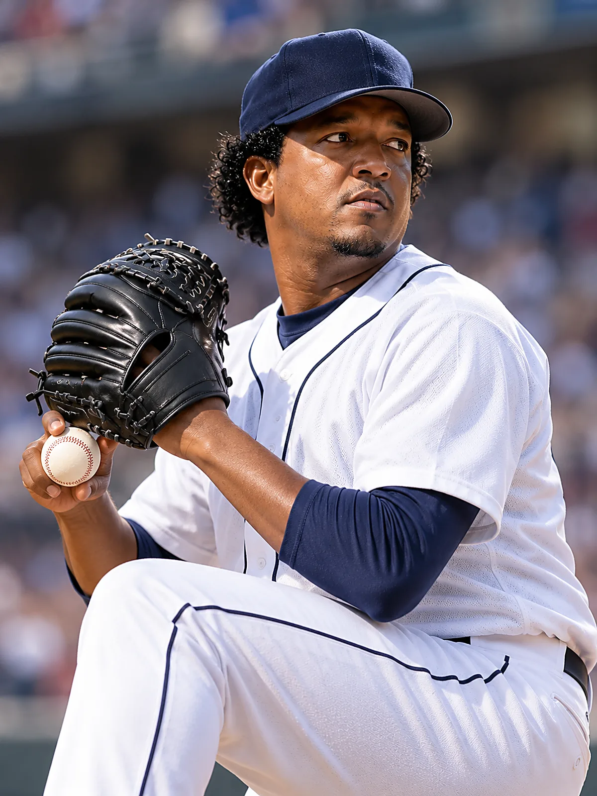Ein Pitcher in weiß-blauer neutraler Uniform bereitet im Stadion einen Wurf vor