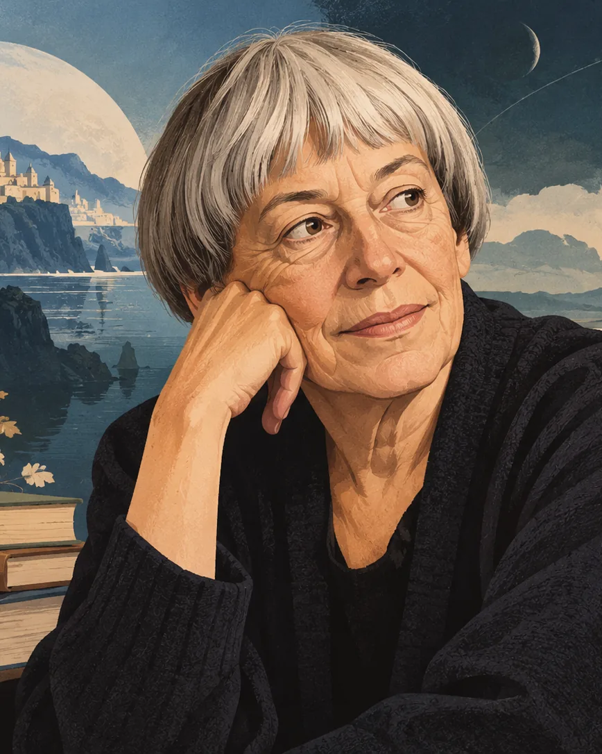 AI-generated illustrated portrait of Ursula K. Le Guin with a fantasy landscape