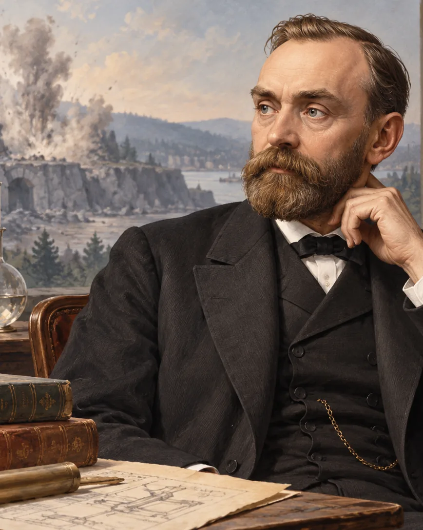 AI-generated painted portrait of Alfred Nobel in a nineteenth-century laboratory