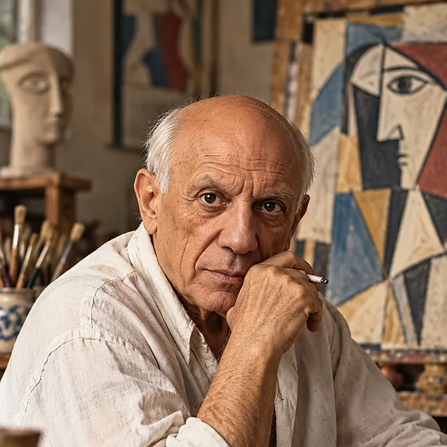 Ein älterer glatzköpfiger Künstler sitzt im Atelier neben Pinseln und einem geometrischen Porträt