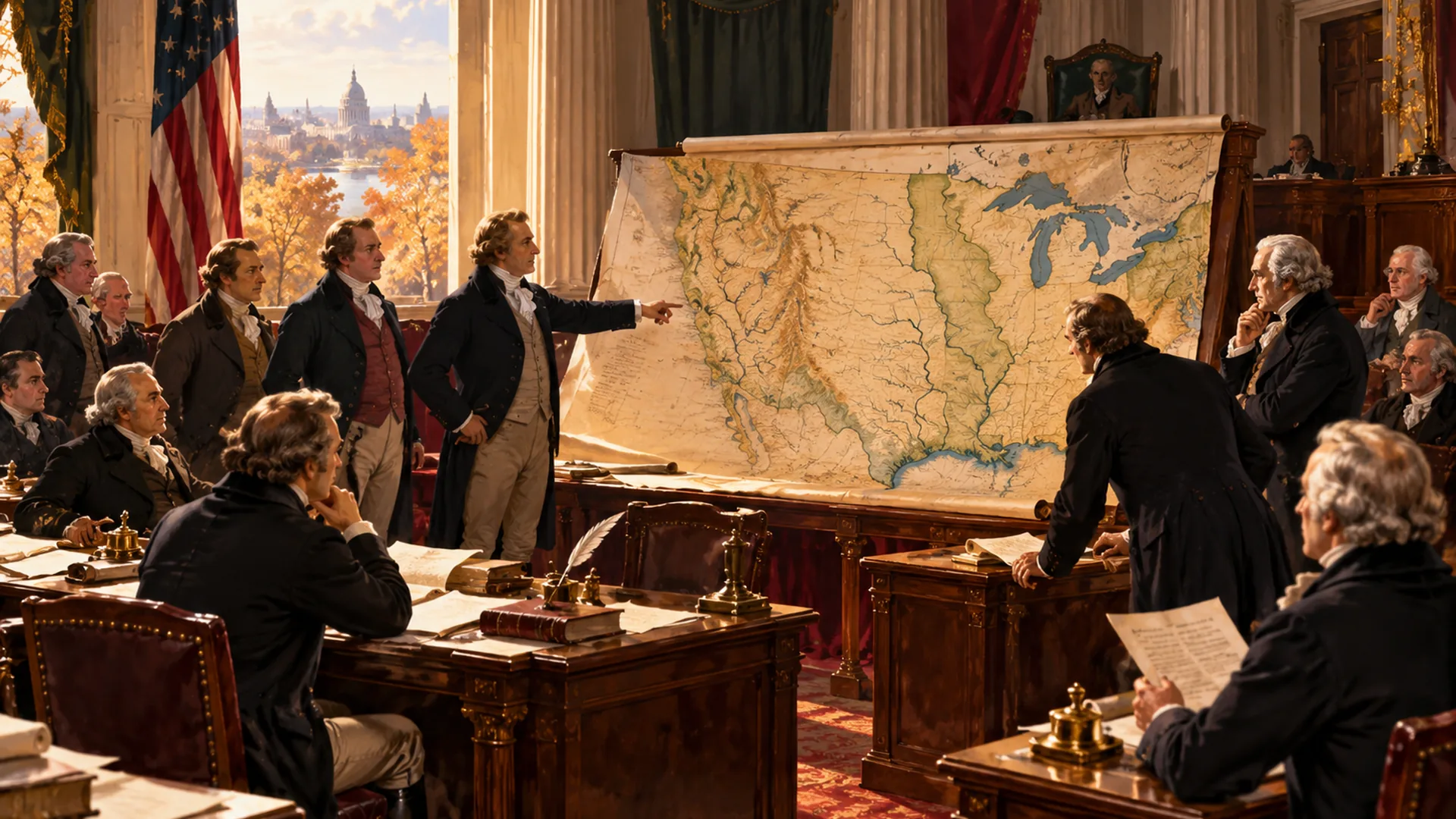 Reconstitution artistique d’un débat sénatorial de 1803 autour d’une carte de l’Amérique du Nord
