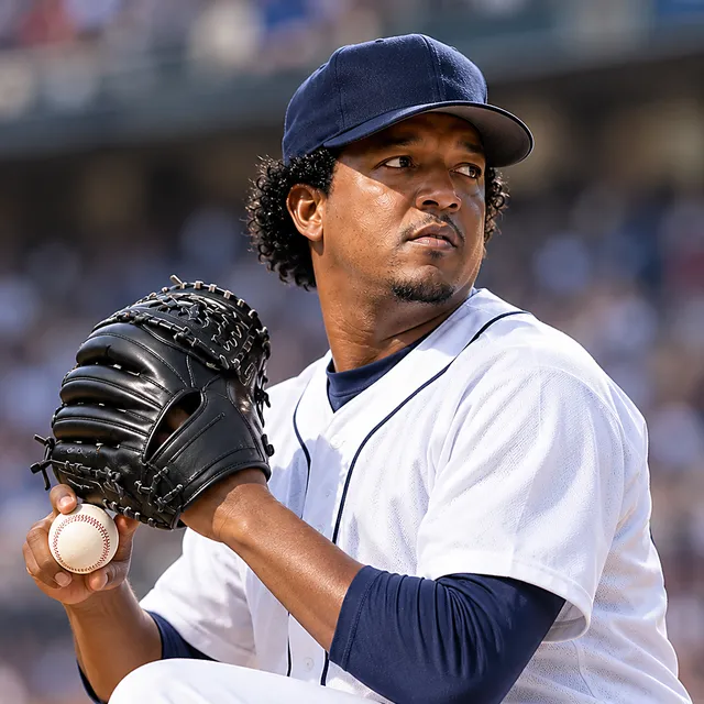 Ein Pitcher in weiß-blauer neutraler Uniform bereitet im Stadion einen Wurf vor