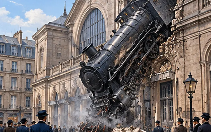 Ein Zug durchbricht die Fassade des Bahnhofs Montparnasse